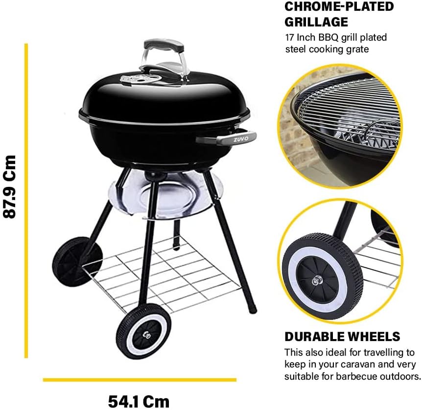 43cm Portable Charcoal Kettle BBQ Grill with Wheels & Thermometer