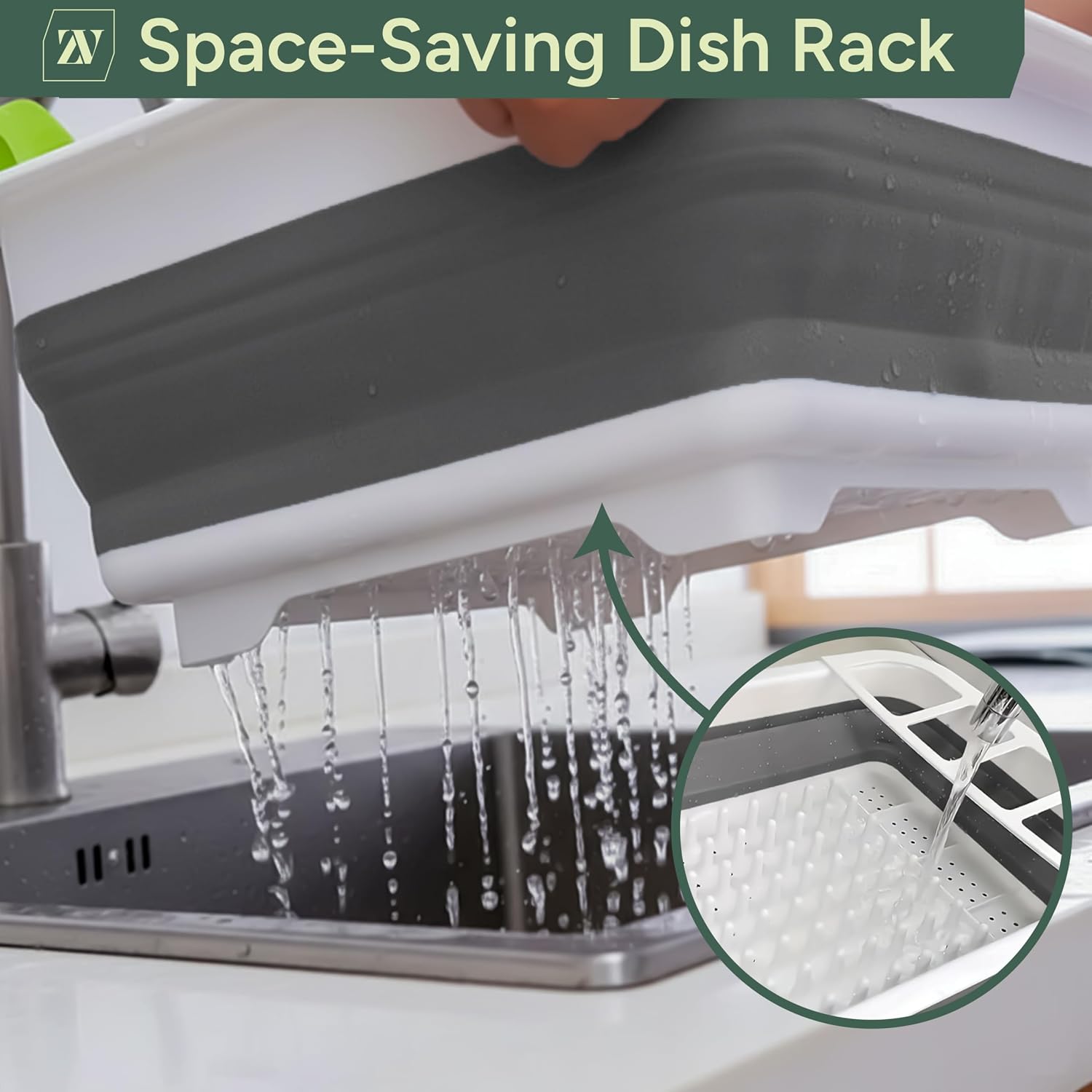 Zuvo - Collapsible Dish Drainer - Foldable Sink Drying Rack with Cutlery Divider - Compact Washing-Up Organiser for Plates, Cups and Bowls -Ideal for Kitchen, Grey