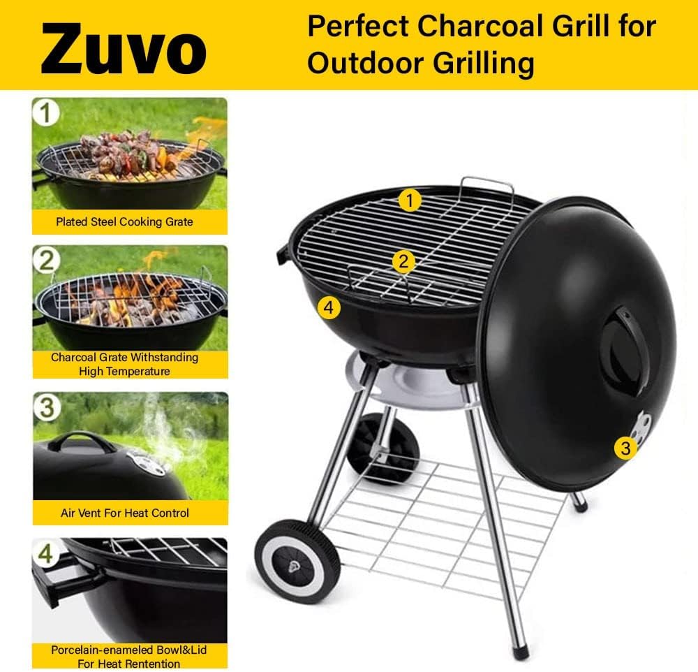 43cm Portable Charcoal Kettle BBQ Grill with Wheels & Thermometer