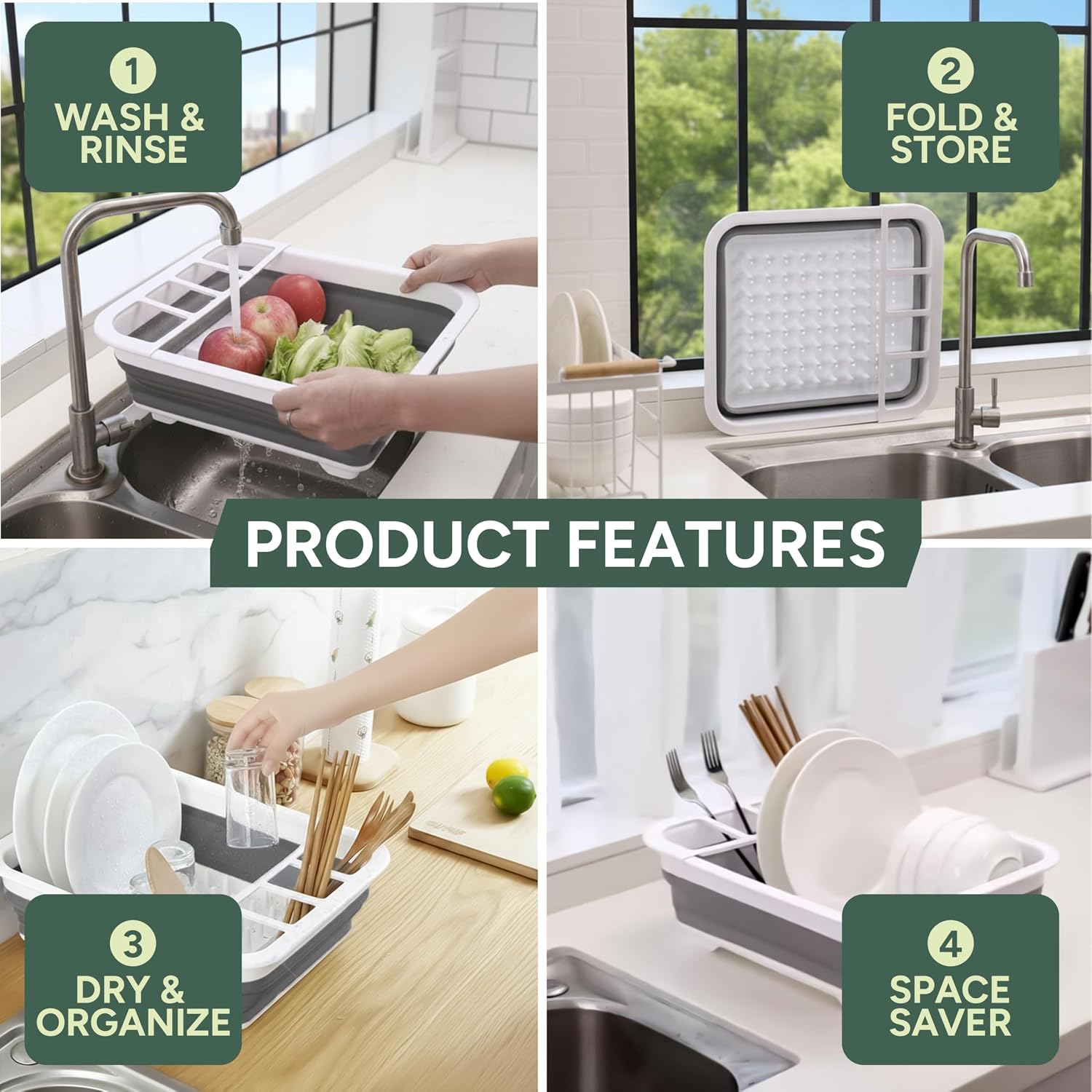 Zuvo - Collapsible Dish Drainer - Foldable Sink Drying Rack with Cutlery Divider - Compact Washing-Up Organiser for Plates, Cups and Bowls -Ideal for Kitchen, Grey