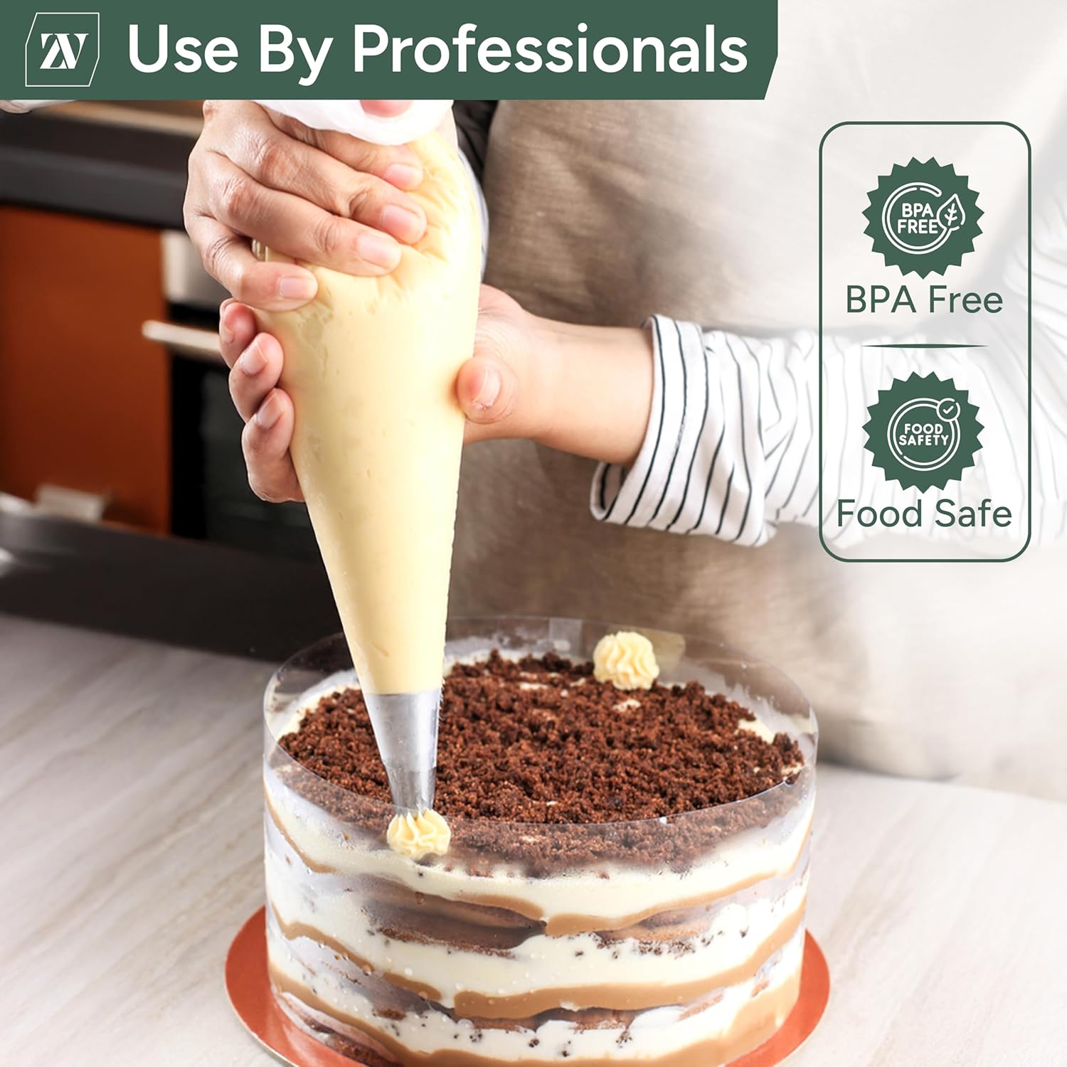 Zuvo Disposable Piping Bags (100 Pack – 18 Inches) | Thick Transparent Tipless Icing Bags | Non-Slip, Burst-Proof, Food-Grade Pastry Bags for Decorating Cakes, Cupcakes, Biscuits & Pastries