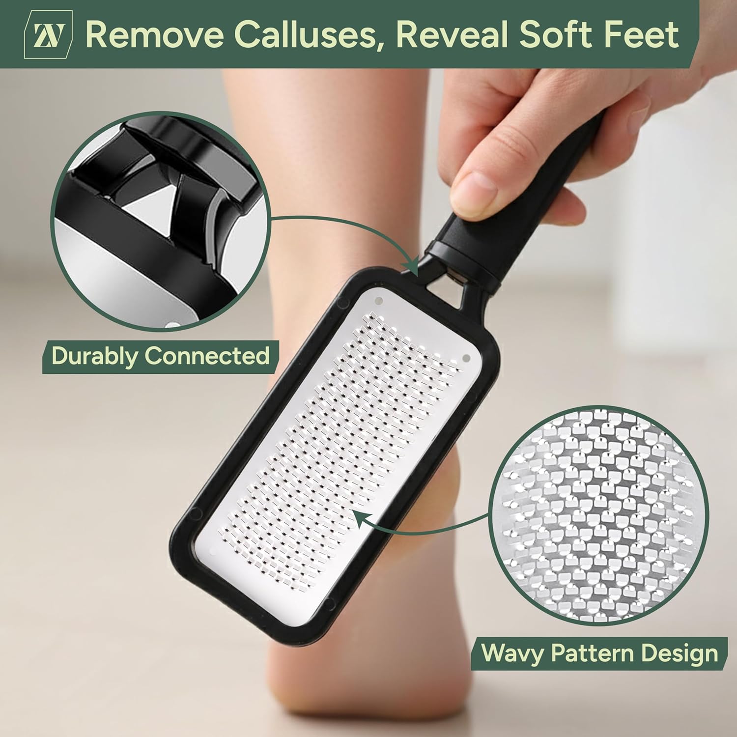 Zuvo Foot File for Hard Skin - Surgical Stainless Steel Callus Remover (XL) with Skin Catcher | Wet & Dry Pedicure Foot Scraper for Cracked Heels & Dead Skin Removal
