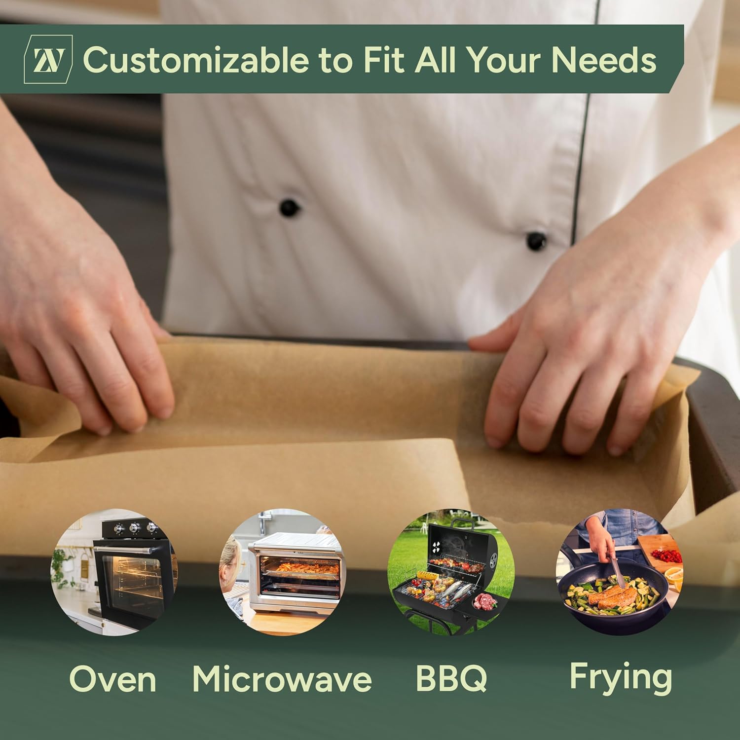 Zuvo Parchment Paper Roll, Greaseproof Baking Paper, Air Fryer & Oven Liner | Non-stick unbleached greaseproof, oven/microwave/air fryer/freezer safe -55°C to 230°C, 13.7m x 30.4cm roll, cut-to-size