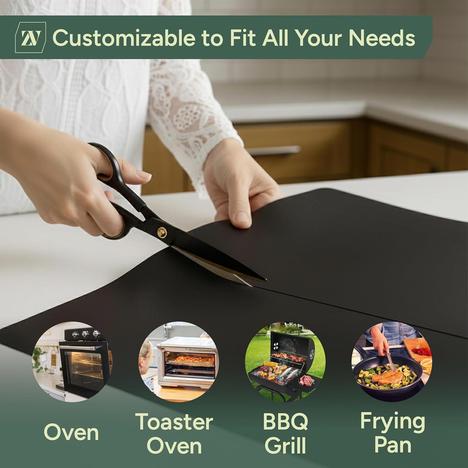 Zuvo Oven Liners for Fan Assisted Ovens 32x50cm, Non-Stick Reusable 2-Pack | Oven Bottom Protector, PTFE Fibreglass, Heat Resistant to 260°C, Dishwasher Safe, Trimmable, Electric & Gas Compatible
