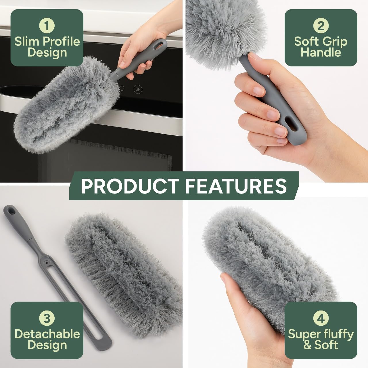 Zuvo Microfibre Duster for Cleaning, Washable Detachable Head, Fluffy Brush | For blinds, ceiling fans, furniture, electronics, skirting boards, machine washable head, bendable, soft-grip handle