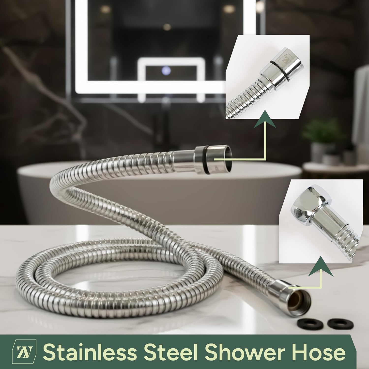 Zuvo Shower Hose 1.5m - Stainless Steel Anti-Kink Replacement Shower Pipe with Brass Connectors | Chrome Flexible Hose for Bath Taps | Universal G1/2” Fit