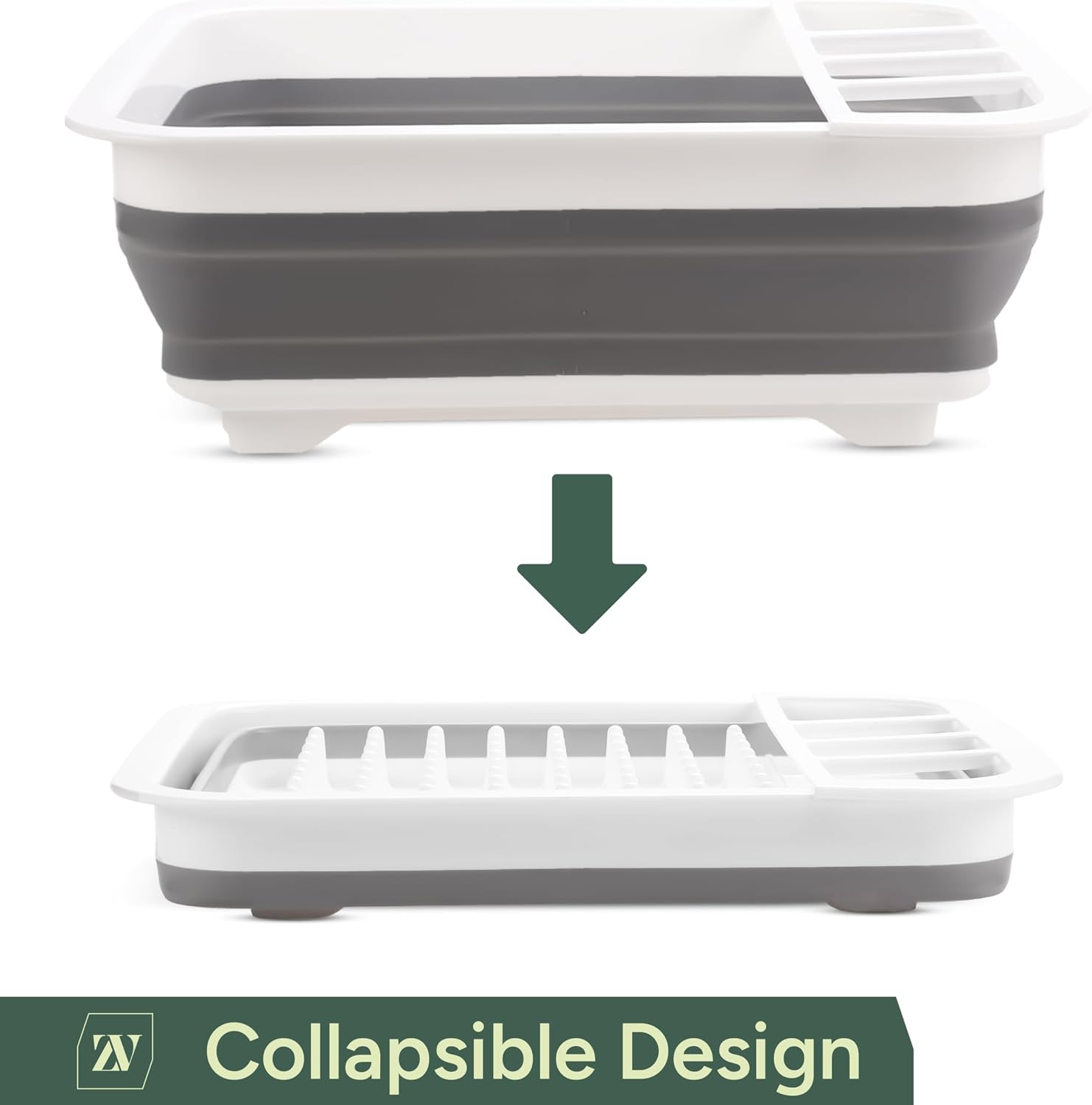 Zuvo - Collapsible Dish Drainer - Foldable Sink Drying Rack with Cutlery Divider - Compact Washing-Up Organiser for Plates, Cups and Bowls -Ideal for Kitchen, Grey