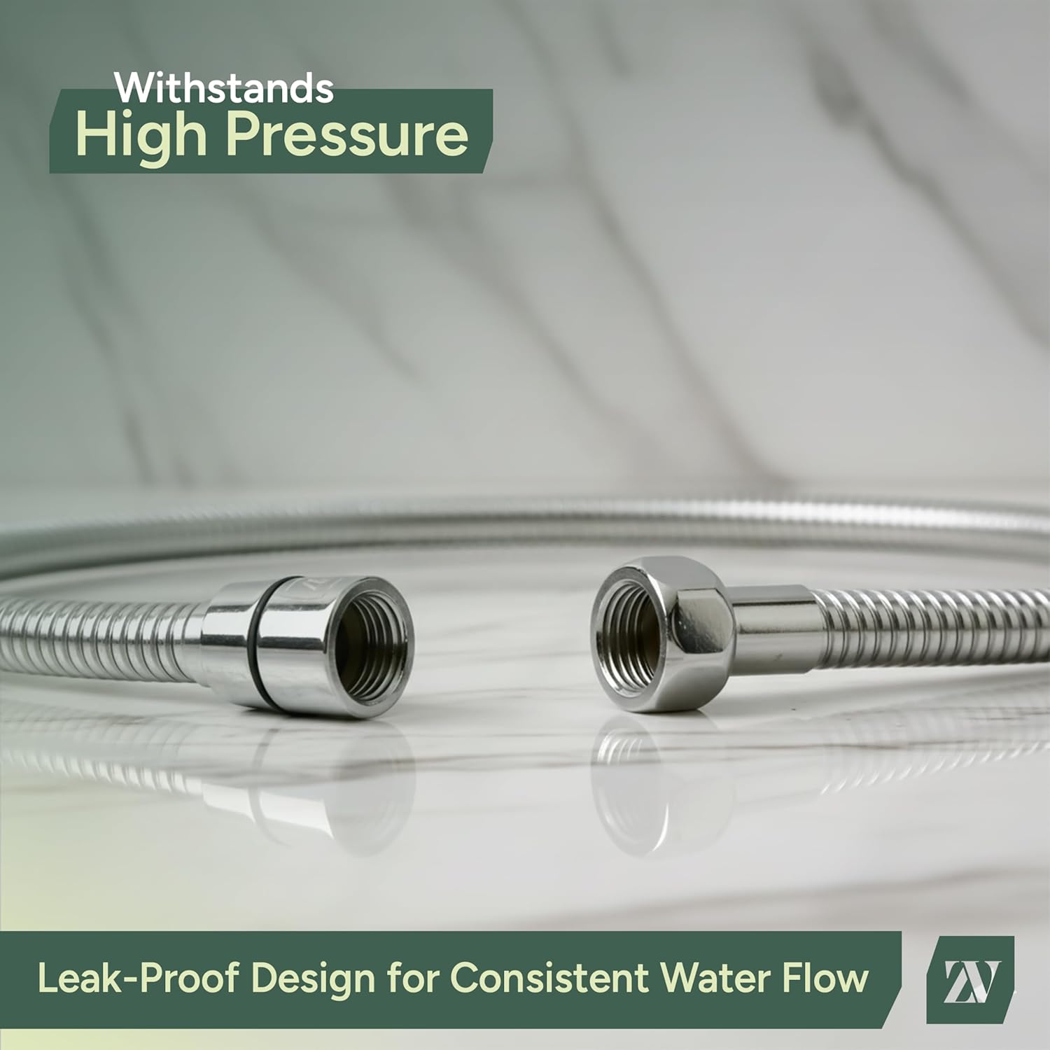 Zuvo Shower Hose 1.5m - Stainless Steel Anti-Kink Replacement Shower Pipe with Brass Connectors | Chrome Flexible Hose for Bath Taps | Universal G1/2” Fit