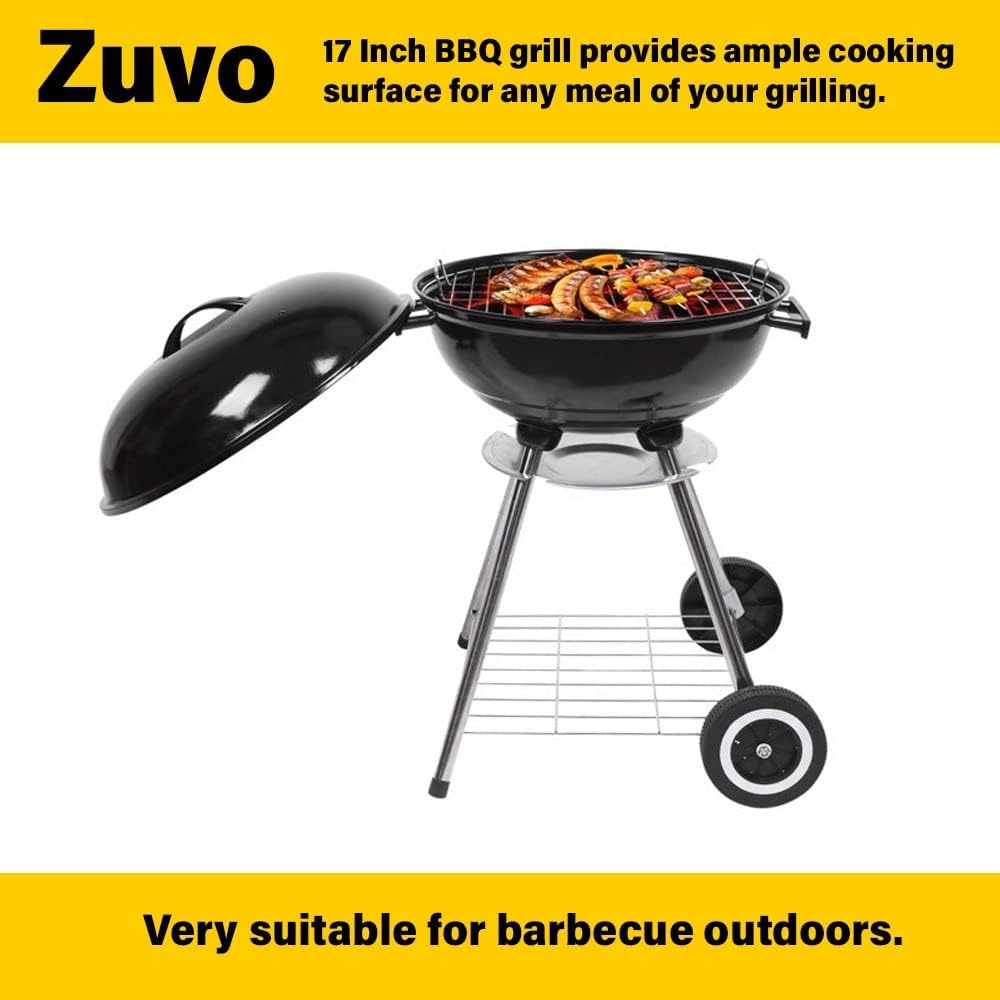 43cm Portable Charcoal Kettle BBQ Grill with Wheels & Thermometer