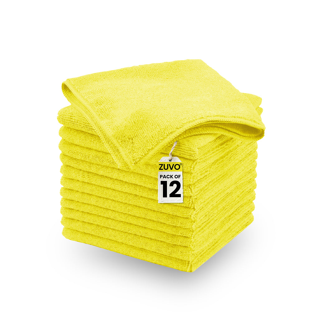 Zuvo Microfiber Cloth for Daily Cleaning - Pack of 12-32 x 32 cm - Multi Purpose Microfiber Cleaning Cloth Kithcen, Car, Glass - Yellow