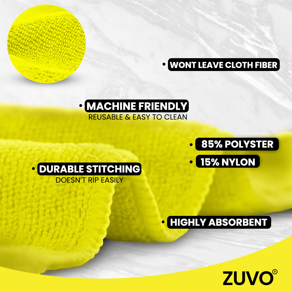 Zuvo Microfiber Cloth for Daily Cleaning - Pack of 12-32 x 32 cm - Multi Purpose Microfiber Cleaning Cloth Kithcen, Car, Glass - Yellow