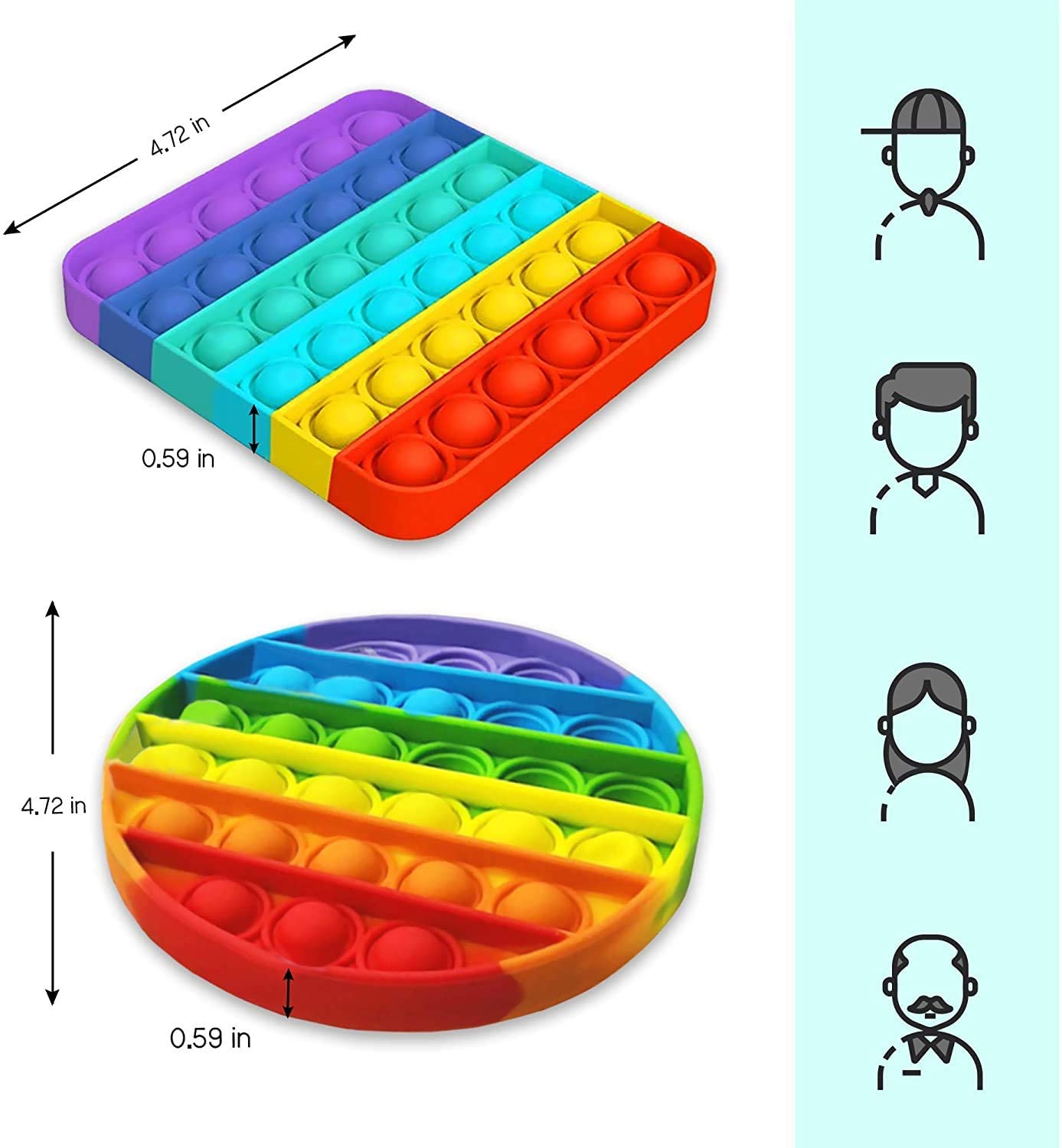 Zuvo 2 Pack Bubble Fidget Squeeze Sensory Toy Rainbow Color (Square + Round (Hard Plastic))