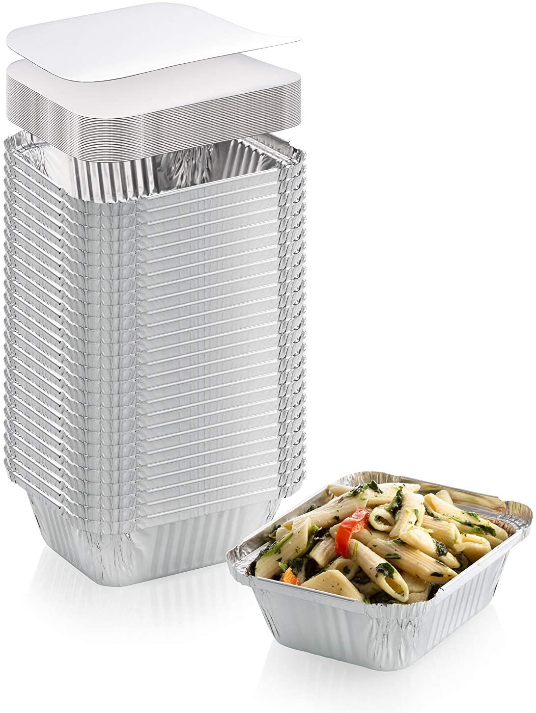 Zuvo 50 Aluminium Disposable Foil Food Container with Lids-Size 2A 14cm x 12 cm x 5 cm, Clear