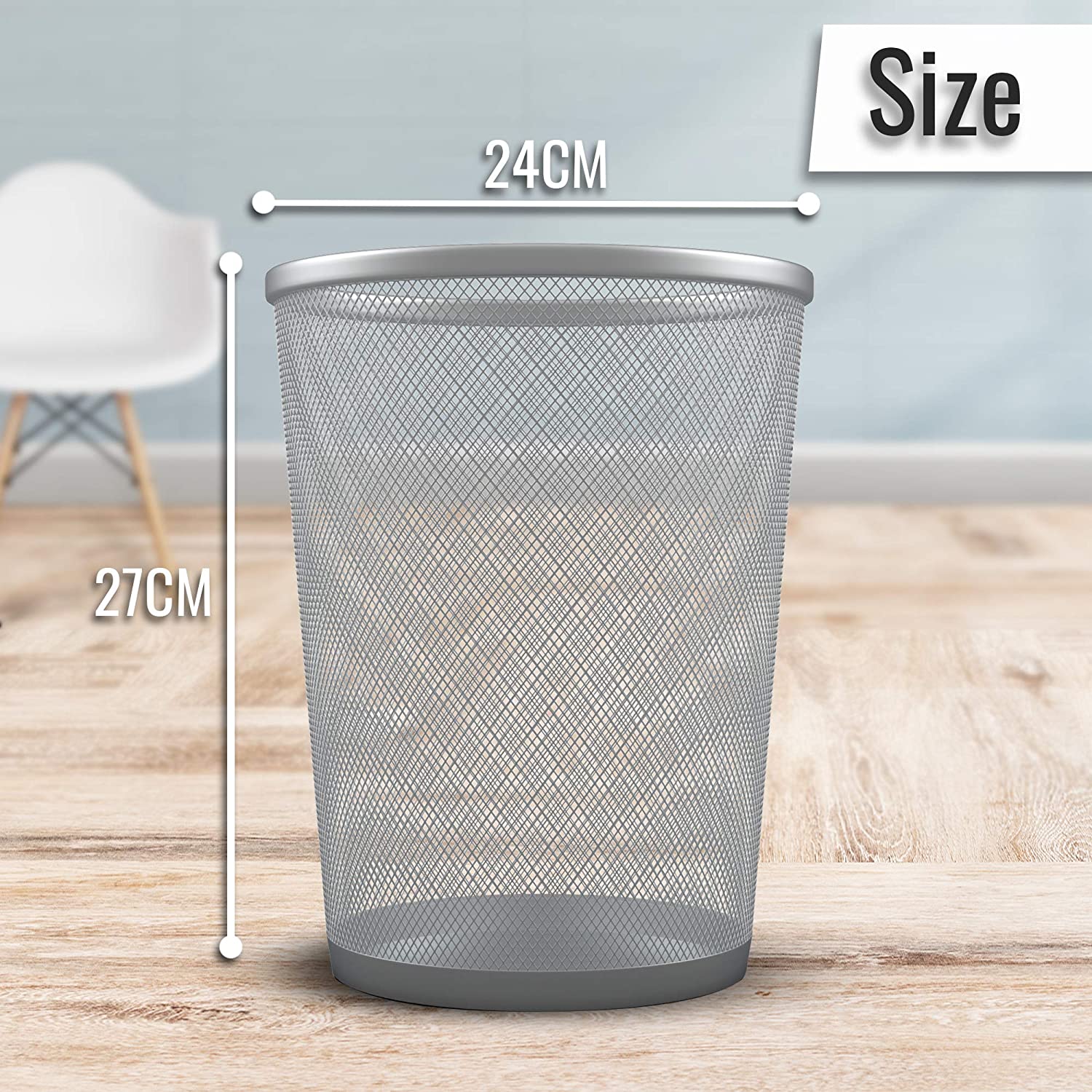 Zuvo Silver Round Metal Mesh Waste Paper Bin Lightweight Pack of 2