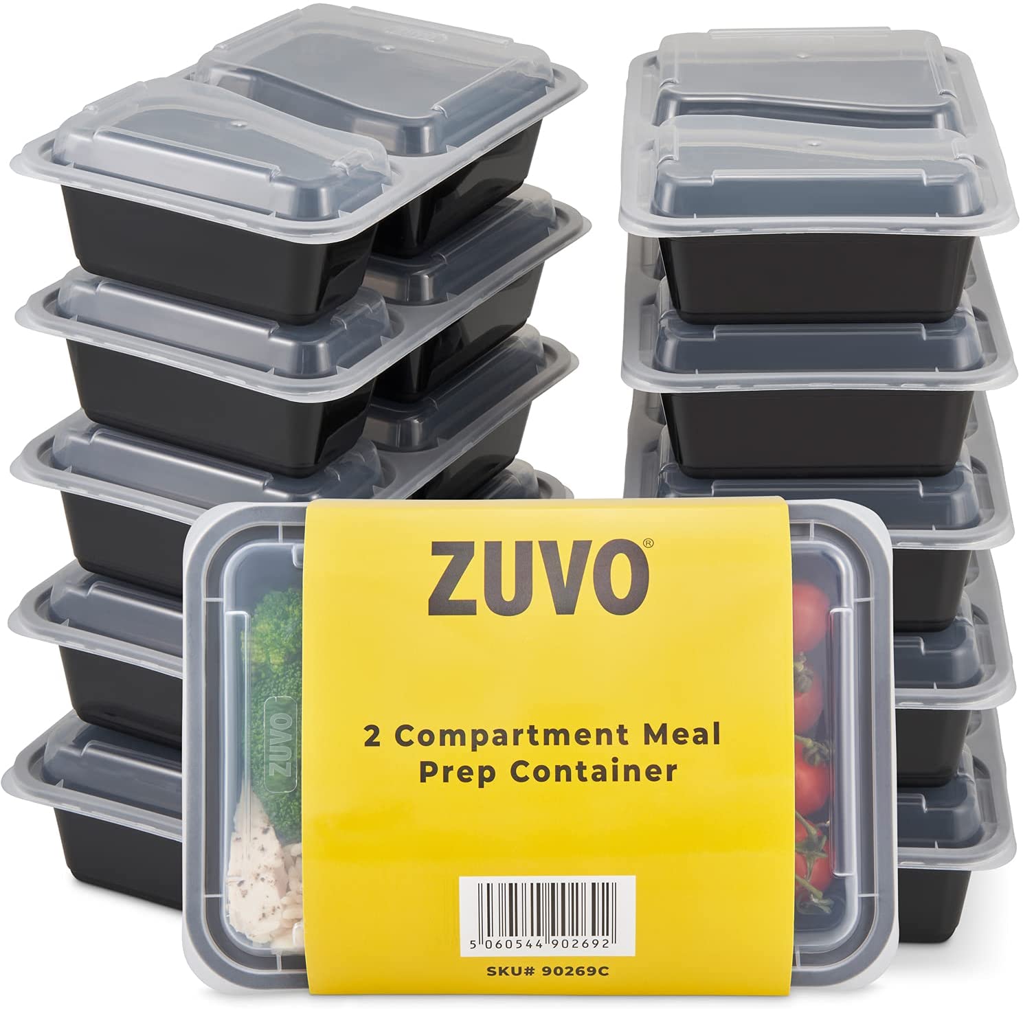 Zuvo 15 Pack Reusable BPA Free Plastic 2 Compartment Food Storage Container with Airtight Lids