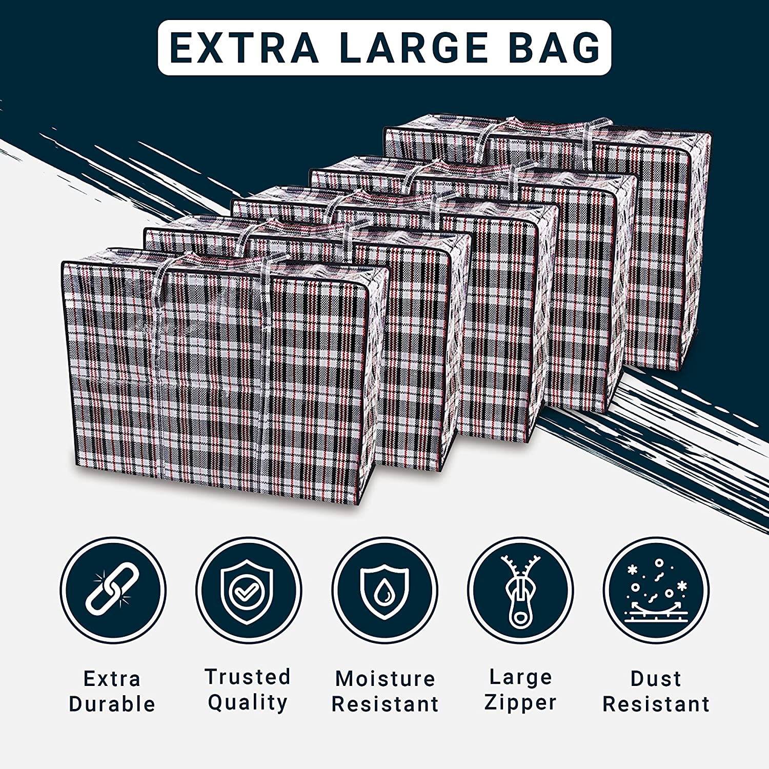 Zuvo Jumbo 5 Laundry Bags Shopper Zipped Reusable Large Strong Shopping / Storage Bag Zip