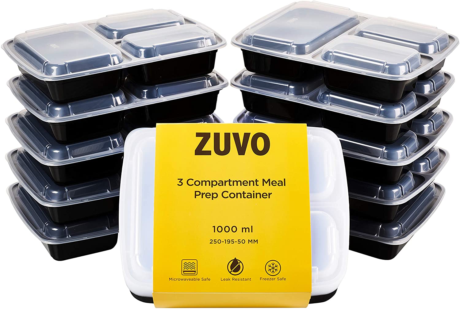 Zuvo 15 Pack 3 Compartment Meal Prep Bento Box. Reusable Food Container for Portion Control.