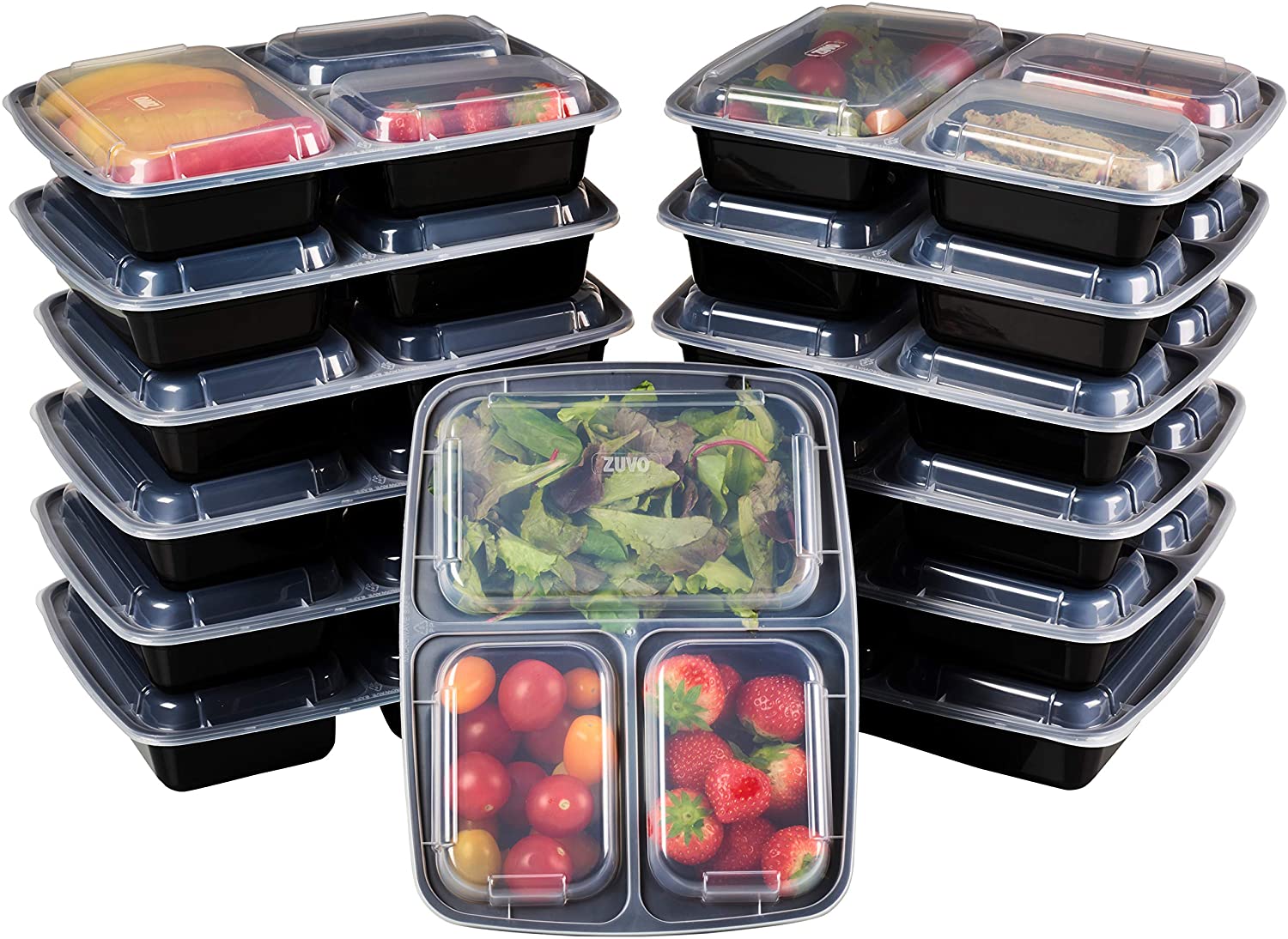 Zuvo 15 Pack 3 Compartment Meal Prep Bento Box. Reusable Food Container for Portion Control.