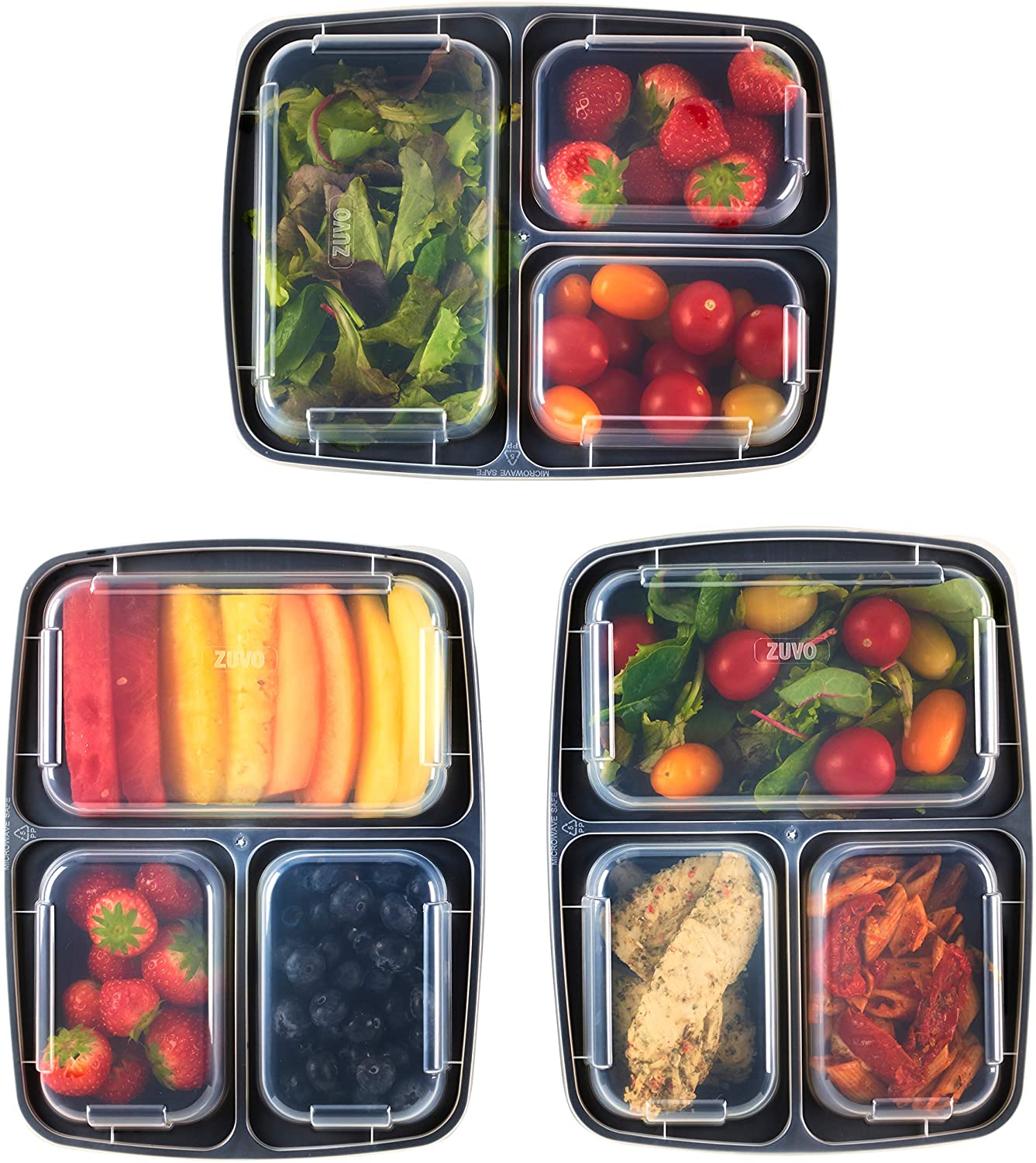 Zuvo 15 Pack 3 Compartment Meal Prep Bento Box. Reusable Food Container for Portion Control.