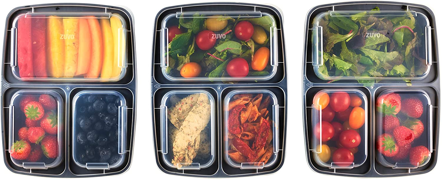 Zuvo 15 Pack 3 Compartment Meal Prep Bento Box. Reusable Food Container for Portion Control.