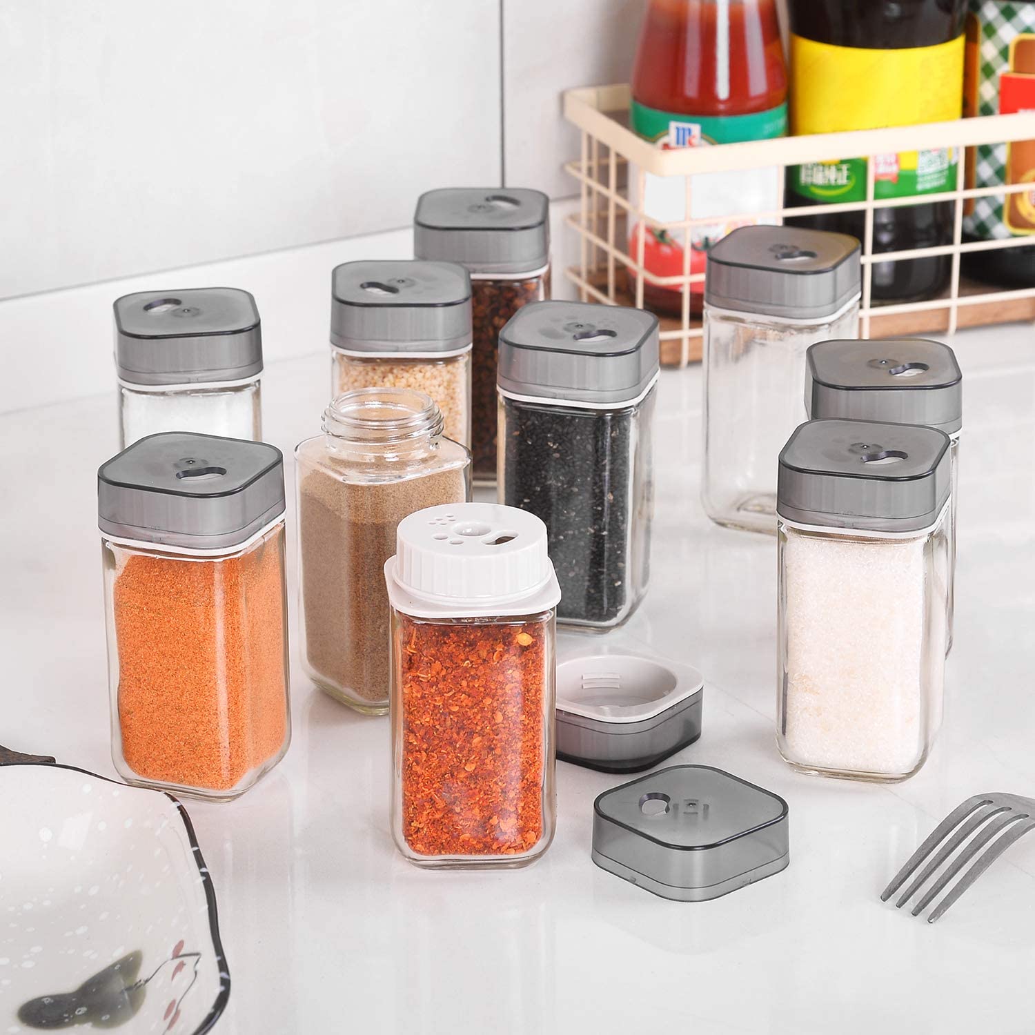 Zuvo 12 Pcs Spice Rack Freestanding Bottles with Lids and Shakers